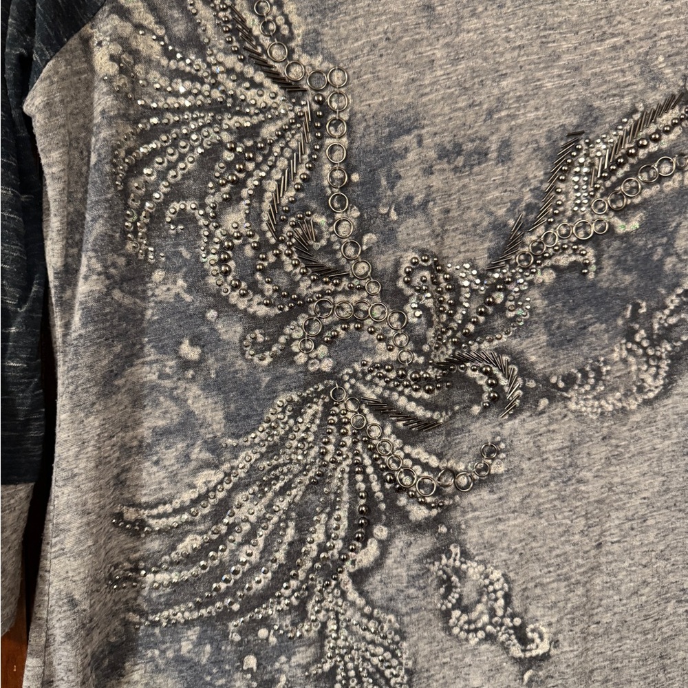 Miss Me Dark Gray and Light Gray Beaded Long Sleeve Top - Picture 2 of 6